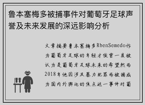 鲁本塞梅多被捕事件对葡萄牙足球声誉及未来发展的深远影响分析 鲁本塞梅多被捕事件对葡萄牙足球声誉及未来发展的深远影响分析